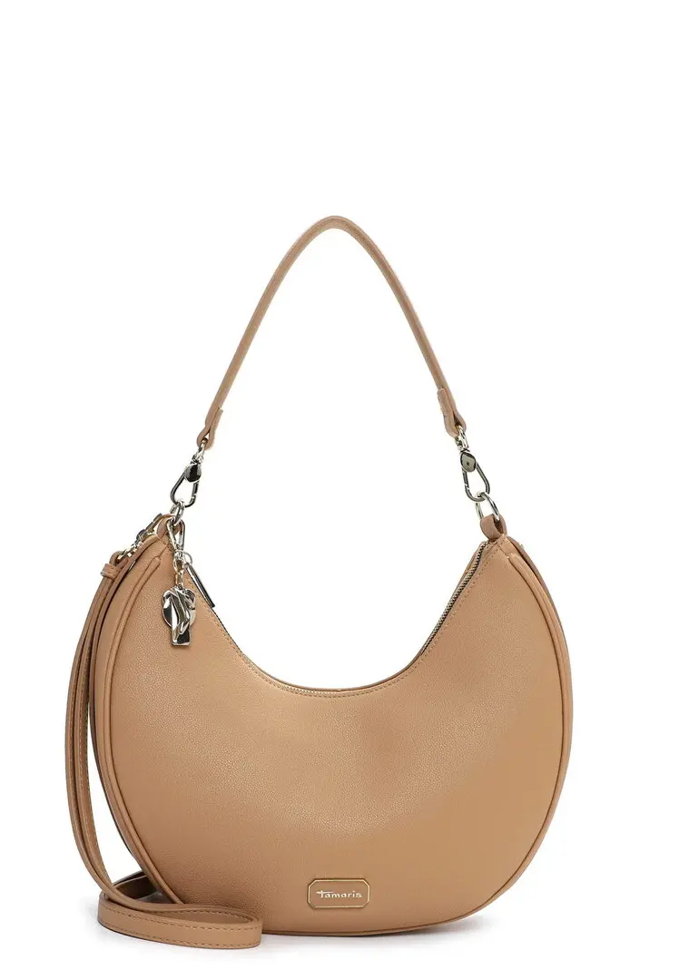Camelkleurige Tamaris schoudertas in halvemaanvorm met ritssluiting en verstelbare schouderriem.