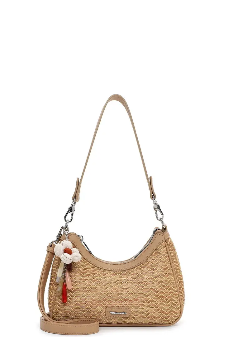 Zandkleurige Tamaris schoudertas met beige zigzagpatroon en hanger