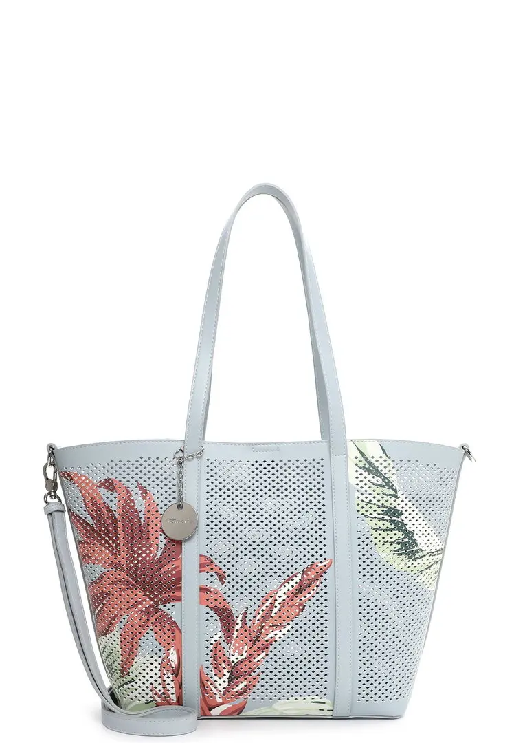 Tamaris dames handtas lichtblauw met bloemenprint en perforatie design shopper tas