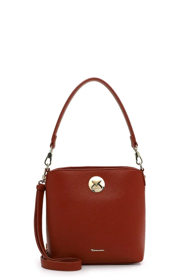 Reostbruine schoudertas van synthetisch leder met goudkleurige hanger en ritssluiting.