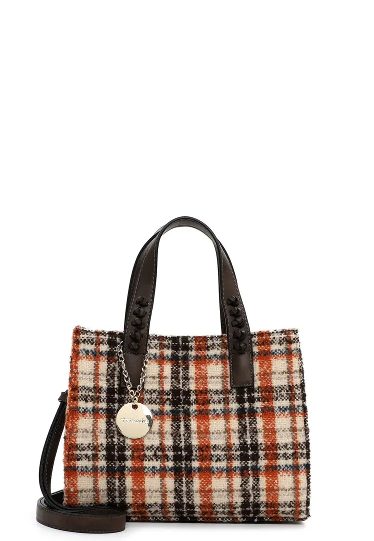 Tamaris kleine shopper met oranje-bruin ruitpatroon, gevlochten handvatten, afneembare schouderriem en matching pouch.