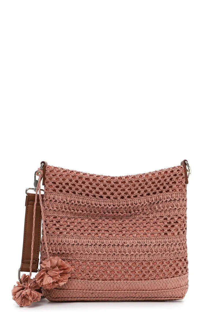 Tamaris roze crossbody tas geweven met pompon en schouderriem