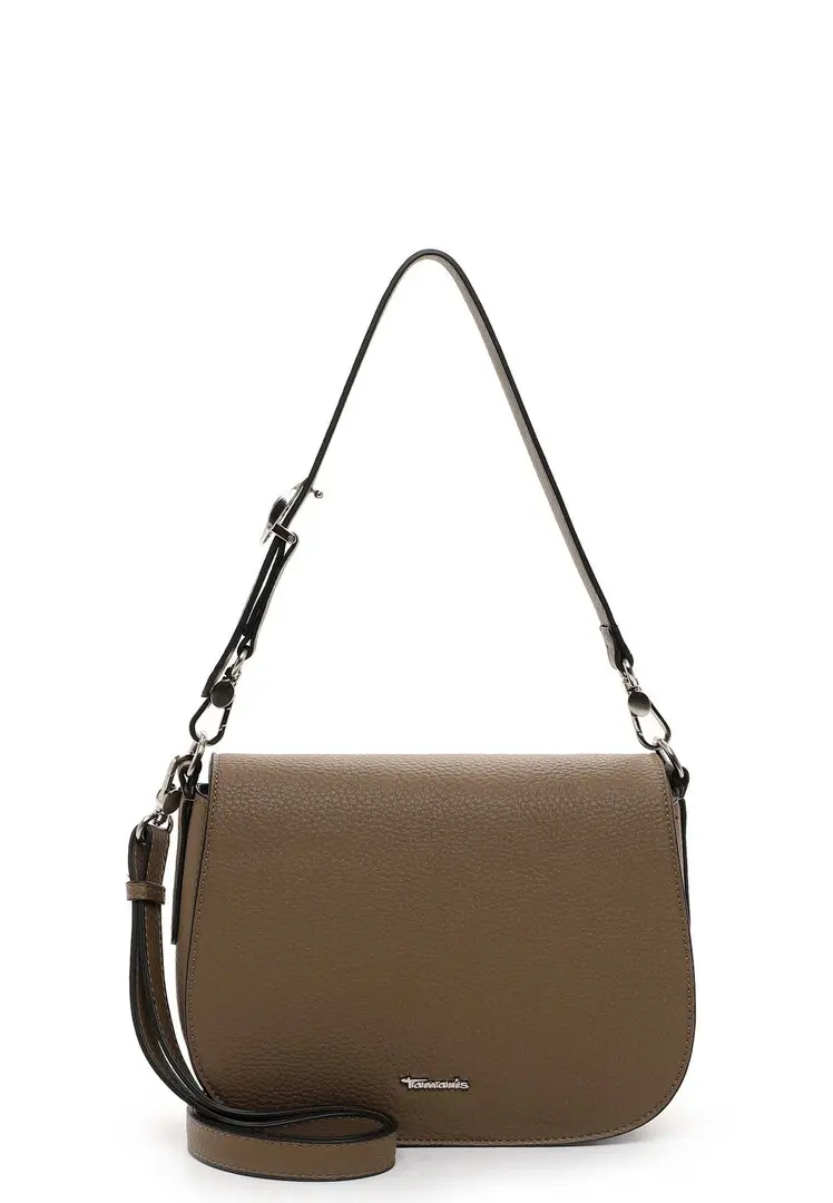 Taupe schoudertas van synthetisch kunstleder met klepsluiting en verstelbare band.