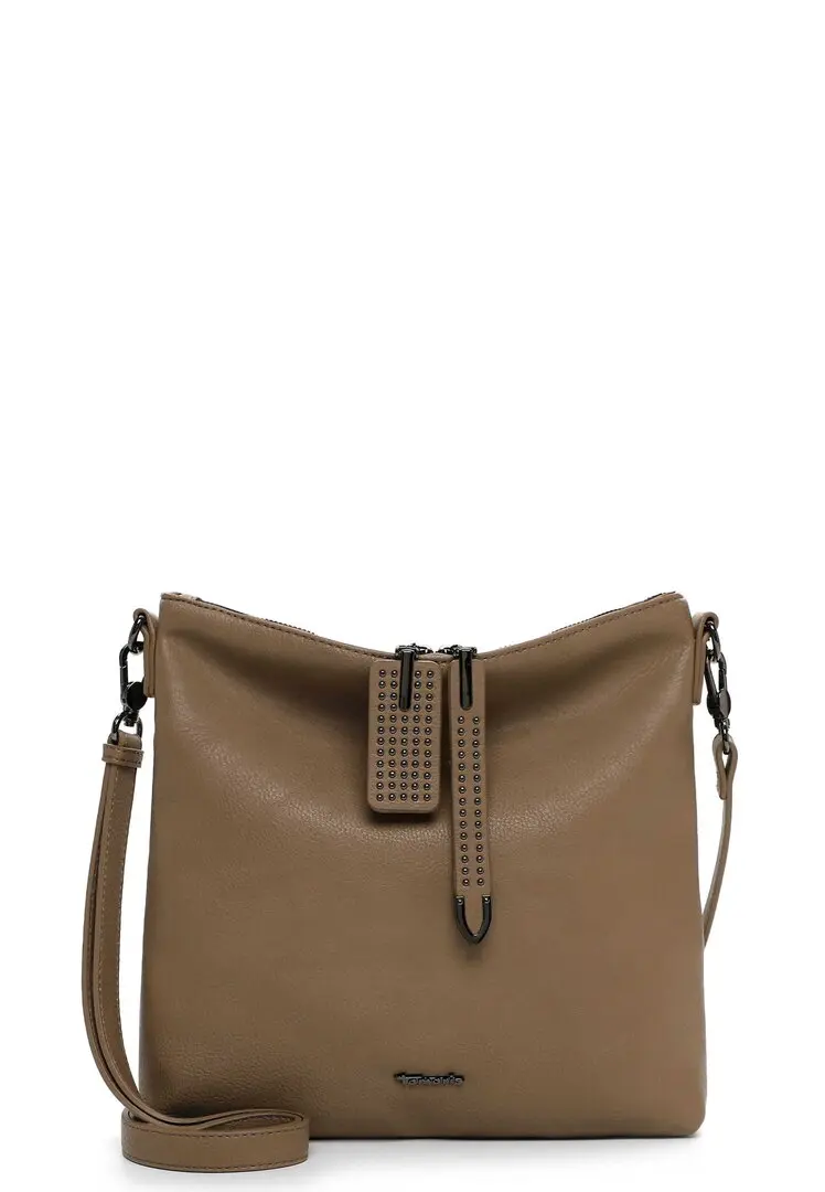 Tamaris taupe crossbodytas van kunstleer met dubbele ritssluiting en strass-details.