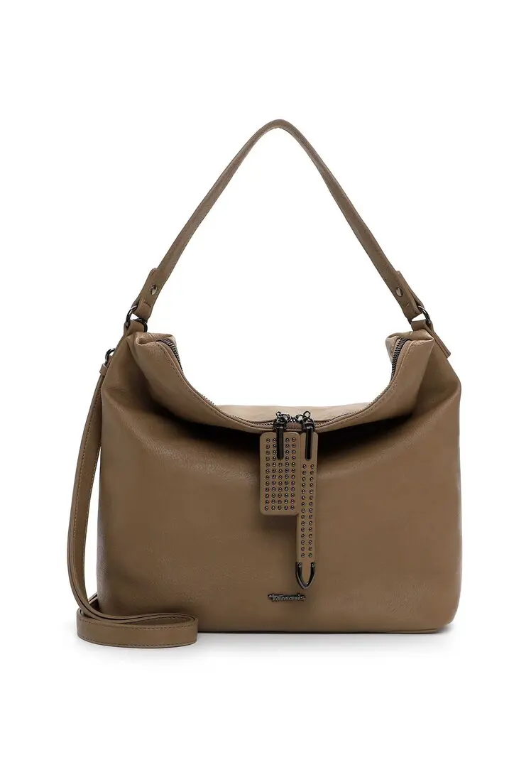 Tamaris taupe schoudertas van kunstleer met strass-details en ritssluiting.