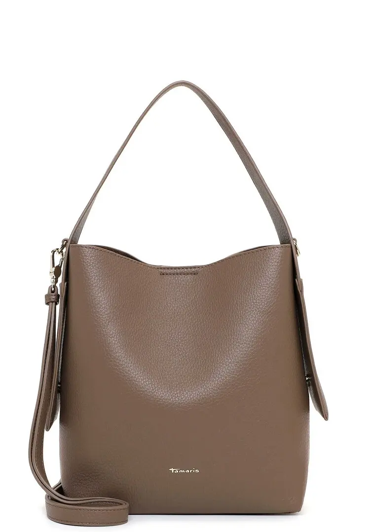 Tamaris taupekleurige dames schoudertas met brede schouderriem, gestructureerde lederlook en minimalistisch design.