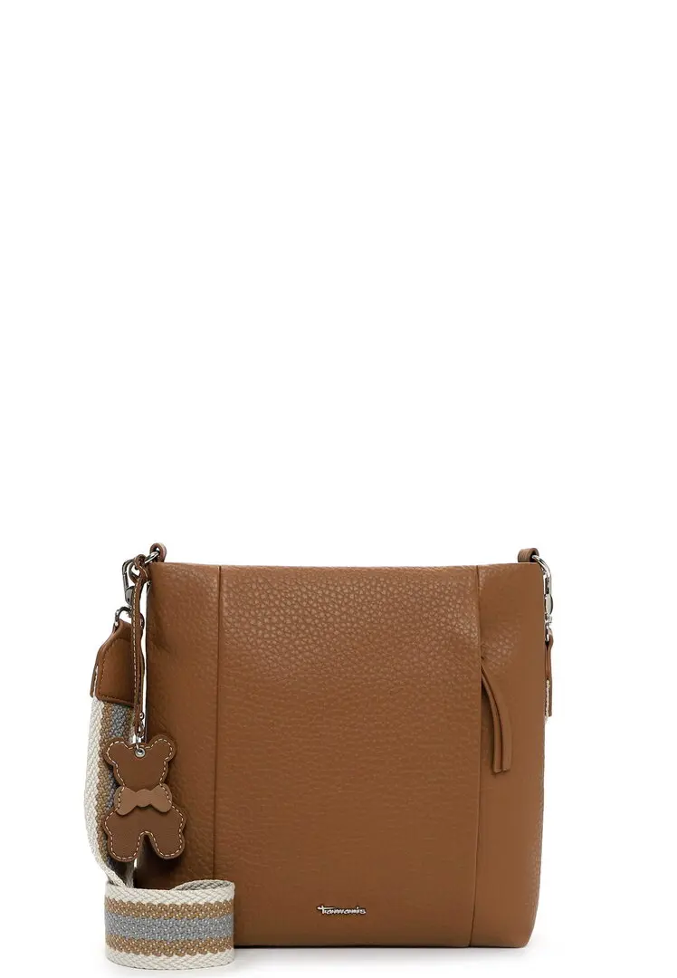 Cognac Tamaris crossbodytas met verstelbare schouderriem en teddy sleutelhanger.