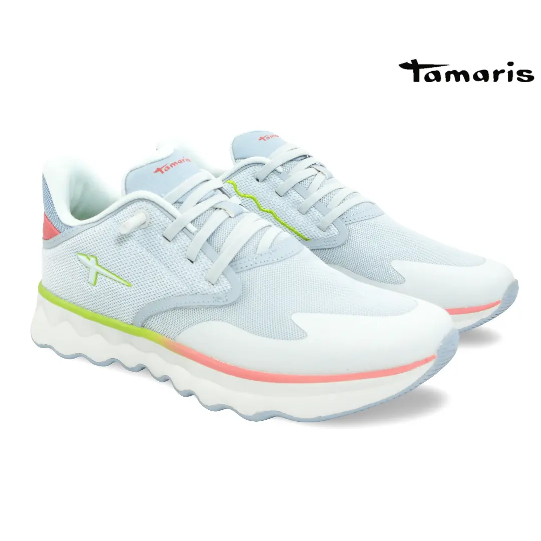 Tamaris lichtblauwe dames sneaker met mesh en gekleurde accenten.