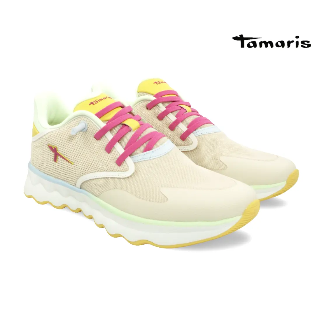 Tamaris dames sneaker met roze veters en gekleurde accenten.