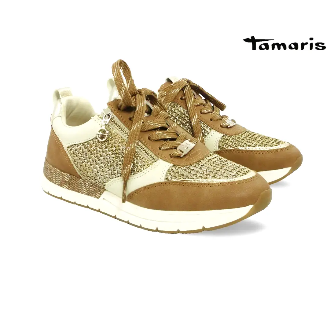 Tamaris 23732 Cognac Combi dames sneaker met rits, veters en metallic details