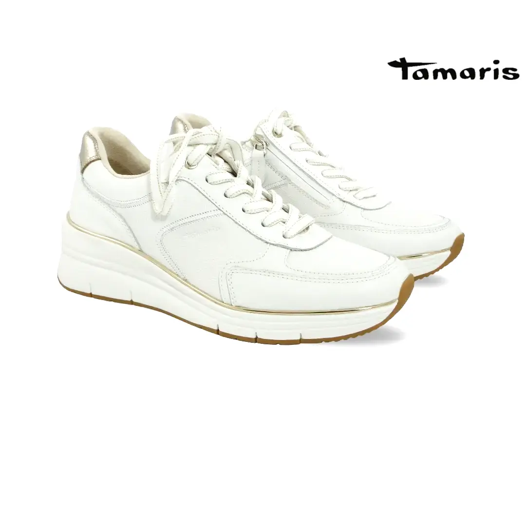 Tamaris 23764 dames sneaker in wit met rose gold accenten en zijrits