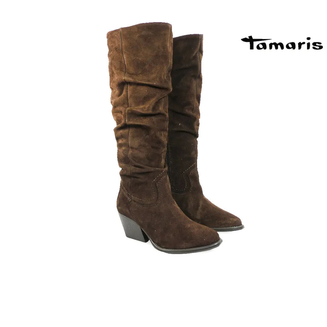 Tamaris 25503 Mocca hoge bruine dameslaarzen in suède-look met geplooide schacht en stevige blokhak.