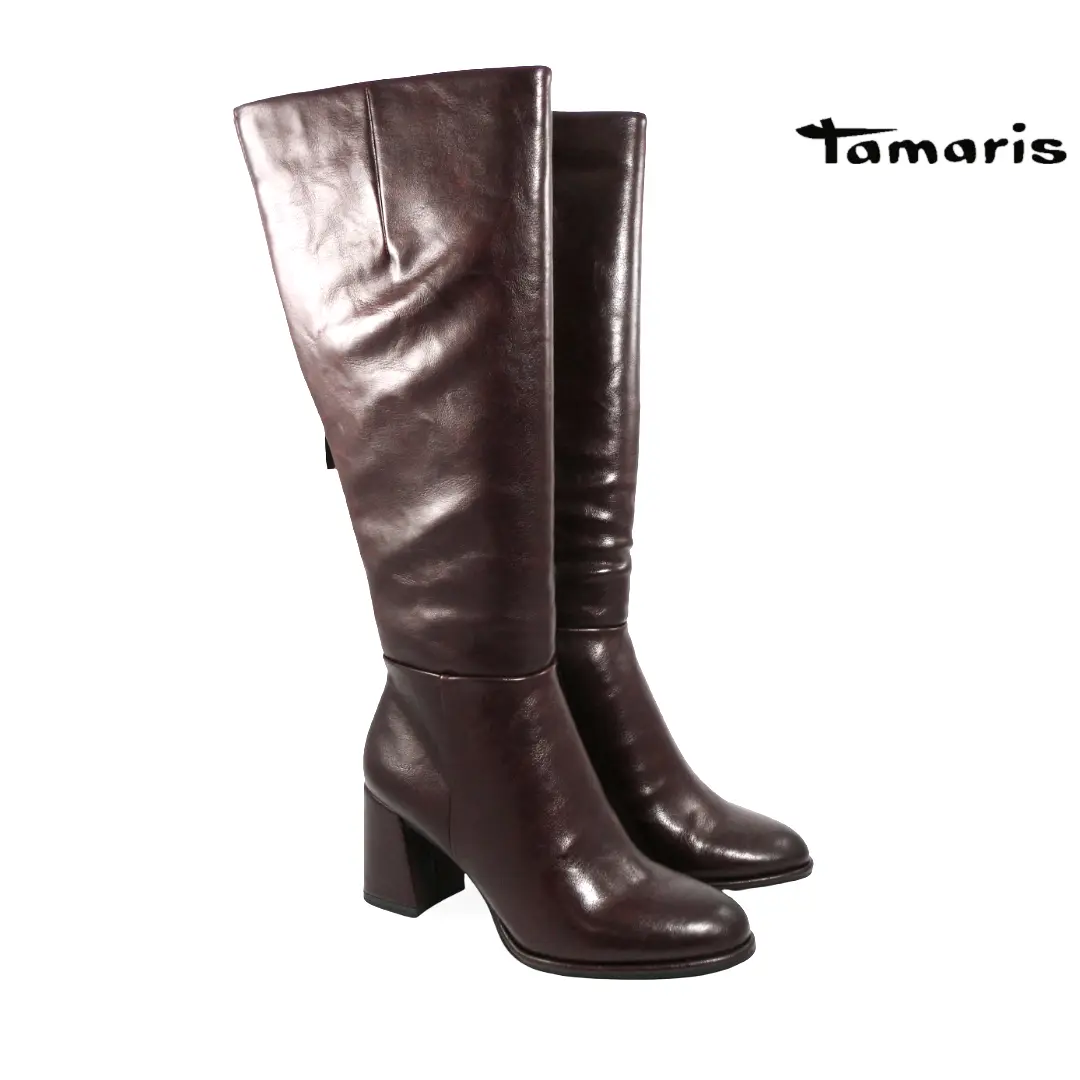Tamaris 25515 Burgundy hoge dameslaarzen in donker bordeaux met blokhak en elegante gladde schacht.