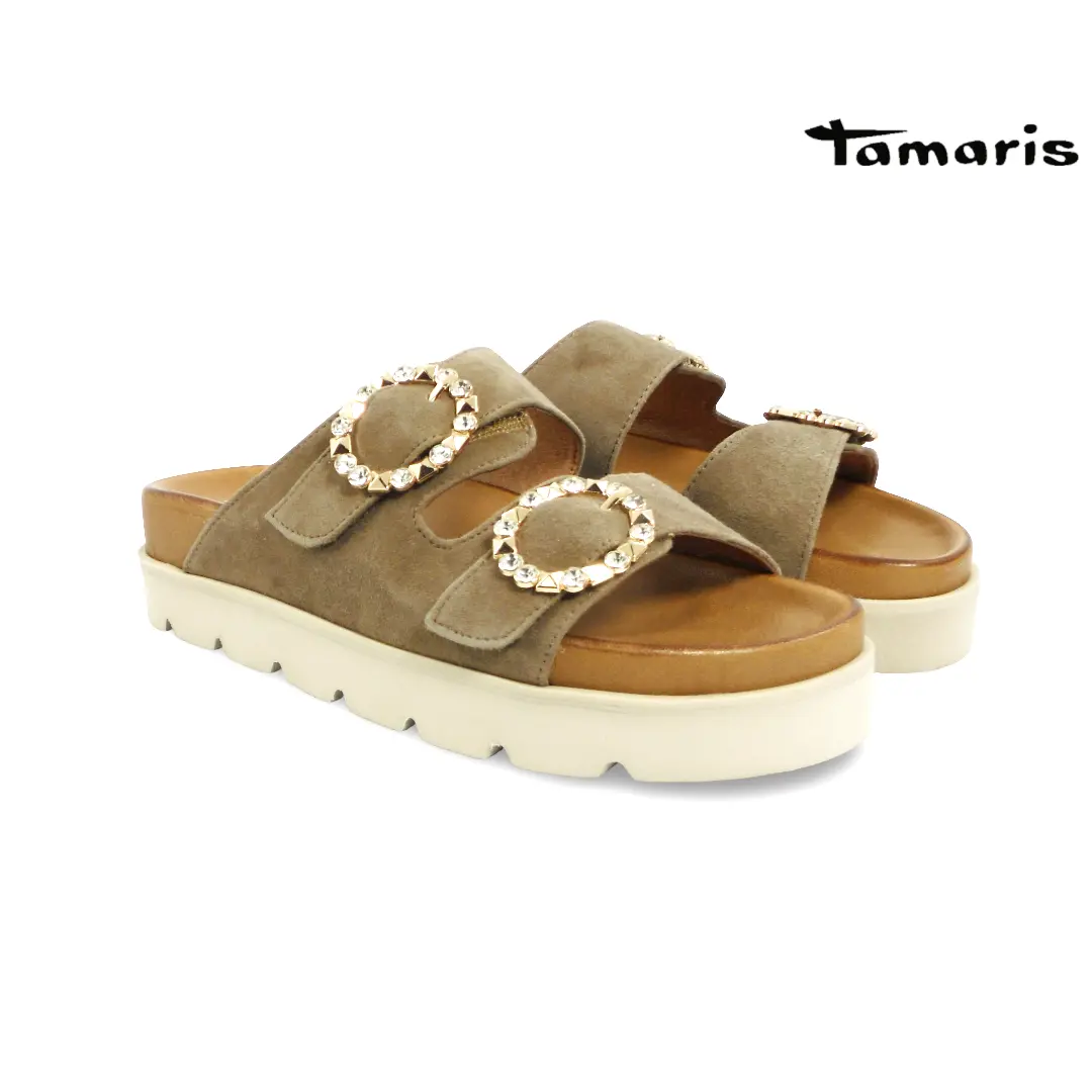 Tamaris dames slippers taupe met decoratieve gesp en plateauzool model 25717