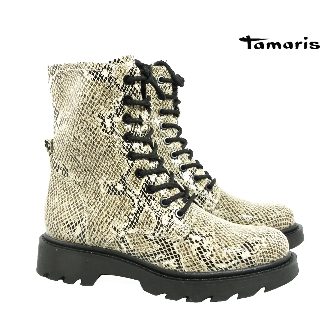 Tamaris veterboot model 25918 in beige snakeprint met profielzool, veters en ritssluiting – stoere en trendy damesboot.