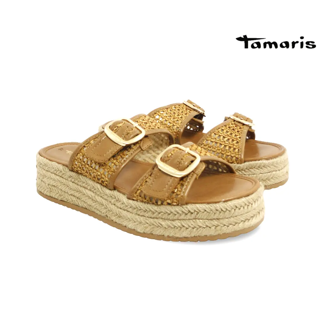 Tamaris dames slippers cognac met dubbele gesp en plateauzool model 27221