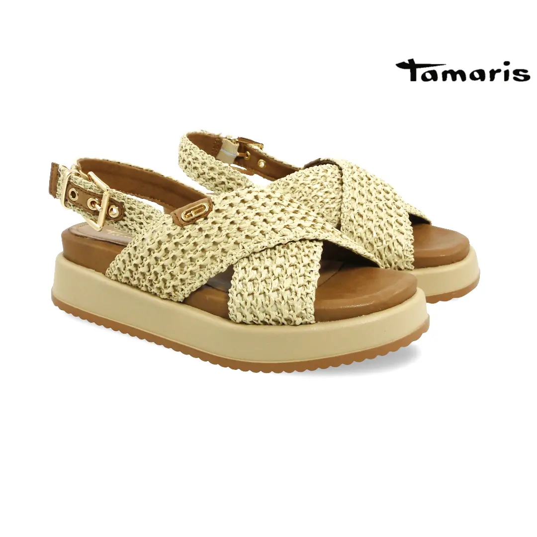 Tamaris dames sandalen beige raffia look met plateauzool en enkelbandje model 28224