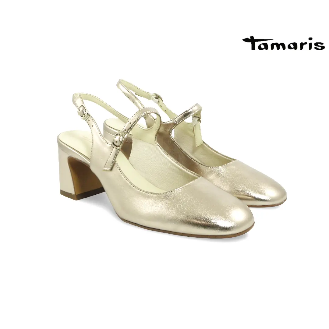 Tamaris dames pumps light gold slingback met blokhak en bandje
